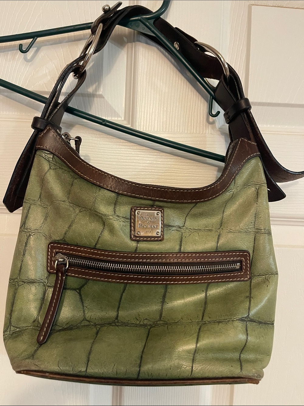 Dooney & Bourke Olive Green Croc-Embossed Leather Shoulder Bag with Brown Trim